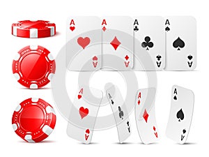 Realistic casino chips and aces. Red game tokens and playing cards, different suits, various viewing angle, poker gambling, aces