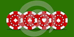 Realistic casino chips on green background. Realistic red casino poker game chips, gambling plastic coins. Jackpot chip tokens for