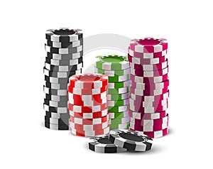 Realistic casino poker coins, gambling game chips stack. Roulette plastic token pile. Heaps of gamble chip. Casino win