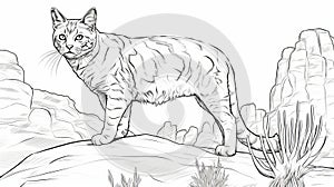 Realistic Cat Coloring Page With Desert Background