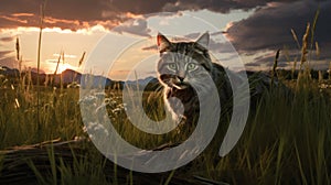 Realistic Cat Portrait In Norwegian Nature At Sunset