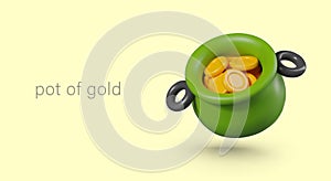 Realistic cauldron with coins. Vector poster on green background