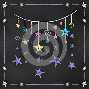 Realistic Chalk Drawn Sketch. Cartoon Design Element Thread with the Suspended Stars Isolated on Chalkboard Backdrop