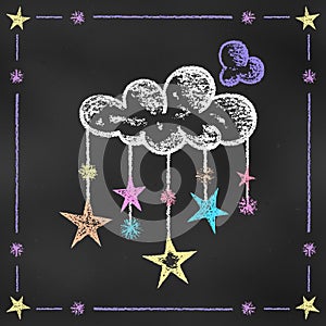 Realistic Chalk Drawn Sketch. Cute Design Element Colorful Cloud with Pendants Isolated on Chalkboard Backdrop