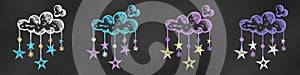 Realistic Chalk Drawn Sketch. Set of Design Elements Clouds with Stars Isolated on Chalkboard Backdrop