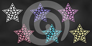 Realistic Chalk Drawn Sketch. Set of Design Elements Stars Isolated on Chalkboard Backdrop