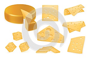 Realistic cheese set. Whole, half and food slice, natural package. Chunk cheez pieces, swiss cheddar different cutting