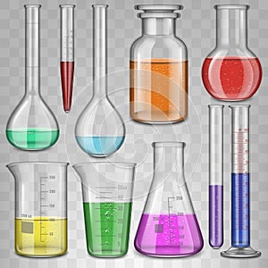 Realistic chemical lab glass beaker, filled test tubes, flask, glassware equipment. Laboratory chemical tests glassware vector