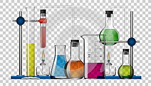 Realistic Chemical Laboratory Equipment Set. Glass Flasks, Beakers, Spirit Lamps