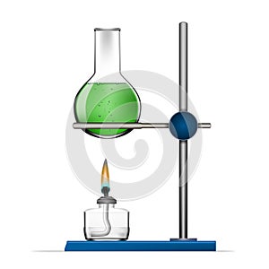 Realistic Chemical Laboratory Equipment Set. Glass Flasks, Beakers, Spirit Lamps