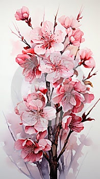 Realistic cherry blossom branch in spring with Watercolor pink sakura flower and leaves background