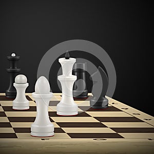 Realistic chess game with black and white pieces on wooden board vector illustration