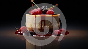 Realistic Chiaroscuro Cheesecake With Berries And Sauce photo