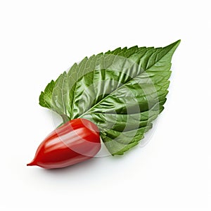 Realistic Chiaroscuro: Red Pepper And Green Leaf On White photo