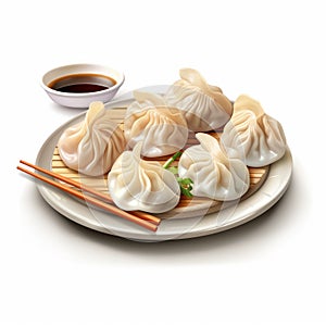 Realistic Chinese Dumplings With Sauce And Chopsticks On White Background