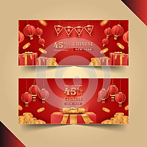 realistic chinese new year sale horizontal banners set vector design illustration