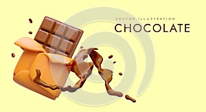 Realistic chocolate bar in wrapper, chocolate splash. Vector illustration in cartoon style
