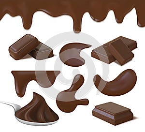 Realistic chocolate cream puddles, cocoa butter and bar pieces. Dark chocolate swirl on spoon, liquid icing border and