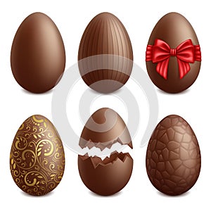 Realistic chocolate eggs, easter holiday sweet dessert. Easter holiday surprise treat, golden choco eggs vector