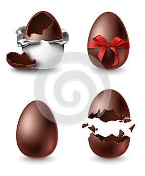 Realistic chocolate eggs, whole, broken, decorated with bow eggshell