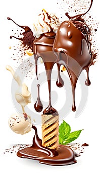 Realistic chocolate splash and ice cream. Vector ad poster with bite choco popsicle with nuts and liquid swirl. Icecream on stick