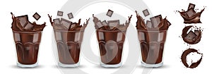 Realistic chocolate splash in the white glass with pieces chocolate. Big collection cocoa or coffee. Splashing dark