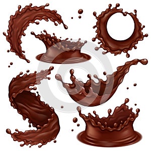 Realistic chocolate splashes, liquid hot chocolate swirls and drops. Dripping dark chocolate splashes vector