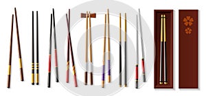 Realistic chopsticks. Asian tableware. Traditional Japanese or Chinese wooden cutlery. Isolated sushi food stick pairs