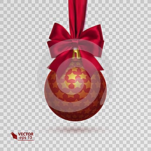 Realistic christmas ball with red ribbon isolated on transparent background