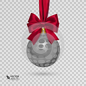 Realistic christmas ball with red ribbon isolated on transparent background.