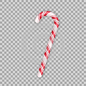 Realistic christmas candy cane isolated on transparent background. Vector illustration of xmas red and white twisted