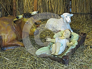 Realistic christmas nativity scene with figurines including Jesus and animals