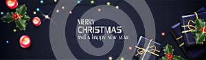 Realistic Christmas and New Year background, banner, flyer, greeting card, postcard. Horizontal orientation. Black background with