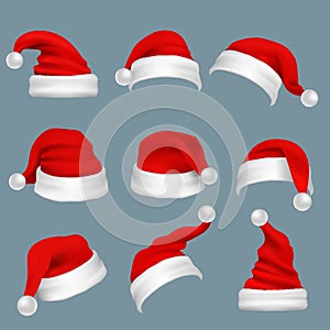 Realistic christmas santa claus red hats isolated vector set