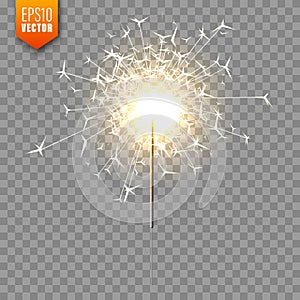 Realistic Christmas sparkler on transparent background. Bengal fire effect. Festive bright fireworks with sparks. New photo