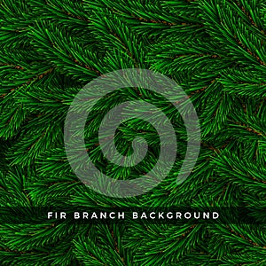 Realistic Christmas tree branches background. Fir branch wallpaper design. Green coniferous needles on branches. Vector