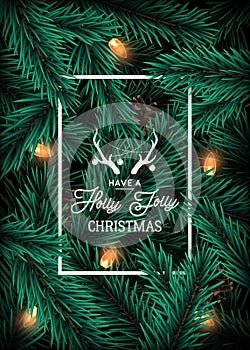 Realistic Christmas tree branches background with lighting garland.