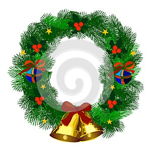 Realistic Christmas Wreath with Golden Bells Isolated on White Background. Vector Illustration