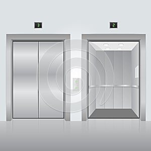 Realistic chrome opened and closed elevator doors