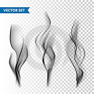 Realistic cigarette smoke set isolated on transparent background. Vector vapor in air, steam flow. Fog, mist effect.