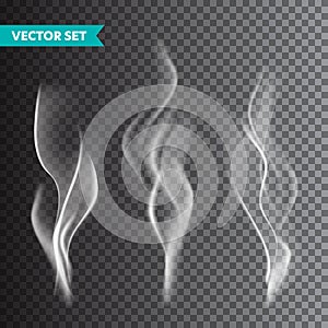 Realistic cigarette smoke set isolated on transparent background. Vector vapor in air, steam flow. Fog, mist effect.