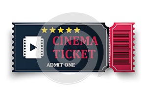 Realistic cinema ticket. Admit one coupon entrance. Movie entertainment show