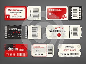 Realistic cinema tickets. 3d movies ticket mockup, present certificate admission on movie festival event entry coupon in