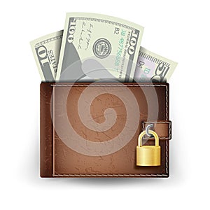 Realistic Classic Brown Wallet Vector. Locked With Padlock. Money. Top View. Finance Secure Concept. Isolated On White