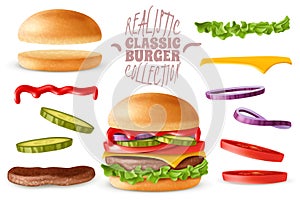 Realistic classic burger elements set