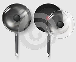 Realistic Classic fry pan with glass lid and handle. Vector