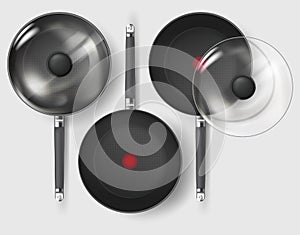 Realistic Classic fry pan with glass lid and handle. Vector