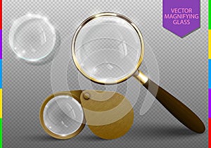 Realistic classic retro magnifying glass set. Vector Magnifier lens tool. Wooden Handle and golden Rim Isolated On transparent