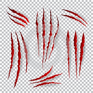 Realistic claw scratches. Vector set on plaid background