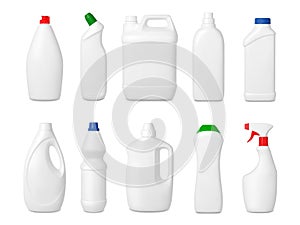 Realistic cleaning products plastic packaging mockups. Chemical detergents white 3d bottles, dish wash and spray. Home